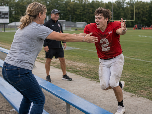 High school football player celebrating with his mother after earning a team spot