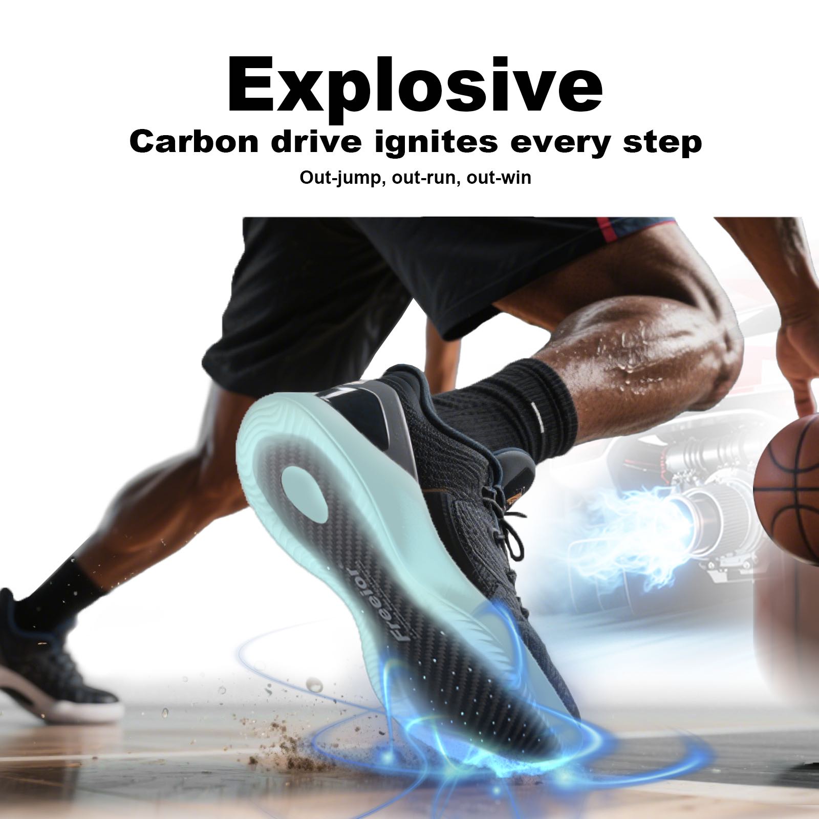 Athlete jumping high on a basketball court using Freeior carbon fiber shoe inserts. Engineered to unlock athletic potential, increase vertical jump, and improve sprint speed.