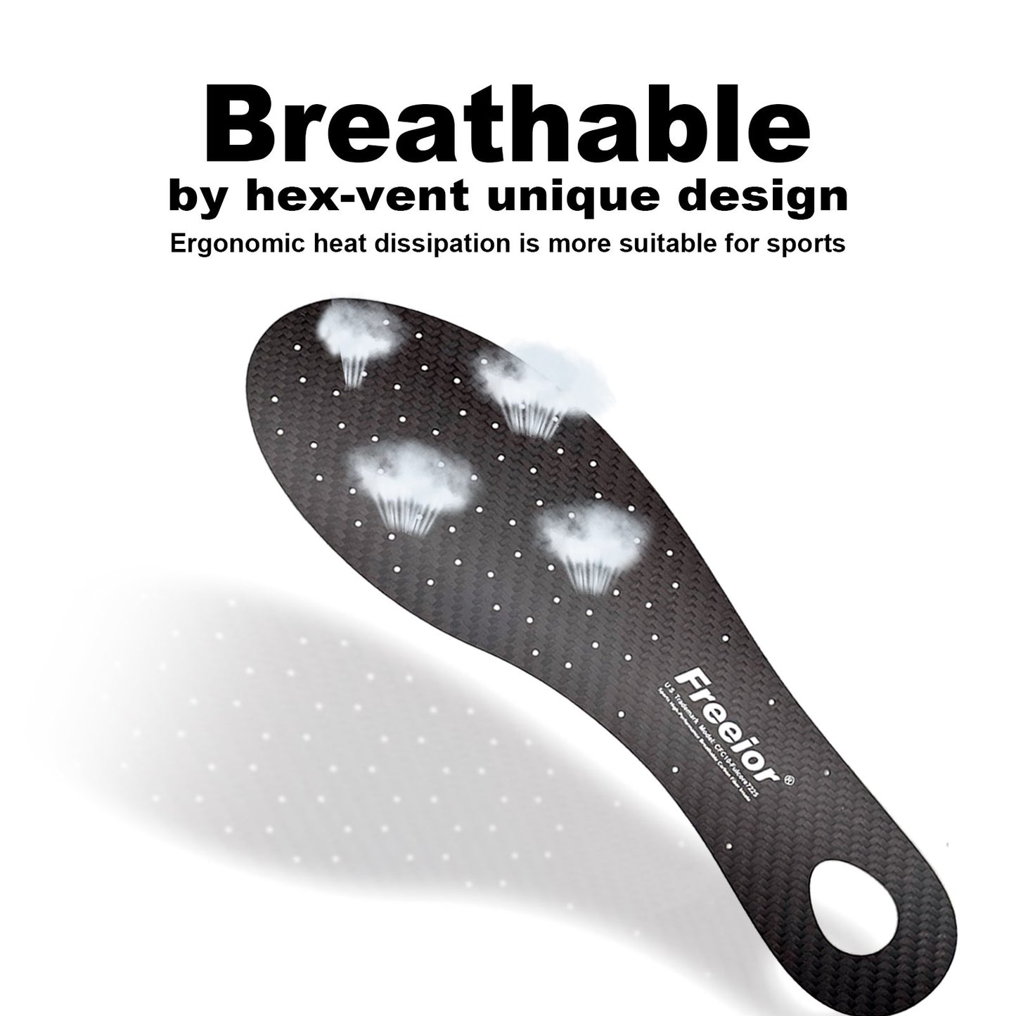 Close-up of the unique hex-grid breathability design on Freeior carbon fiber insoles. Dries 3 times faster than solid plates to prevent foot overheating during intense sports.