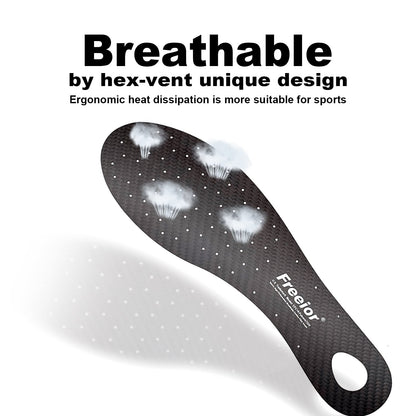 Close-up of the unique hex-grid breathability design on Freeior carbon fiber insoles. Dries 3 times faster than solid plates to prevent foot overheating during intense sports.