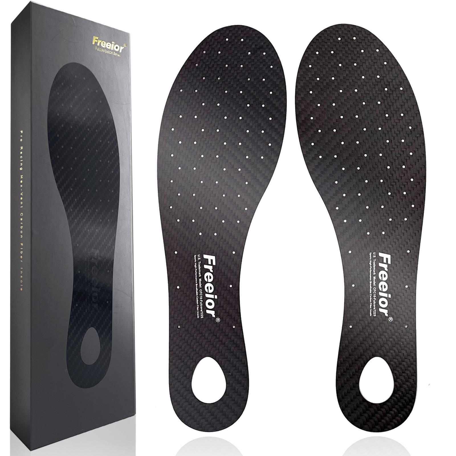 Top view of Freeior breathable carbon fiber performance insoles. Featuring an advanced hex-grid design for maximum airflow and explosive energy return in athletic shoes.