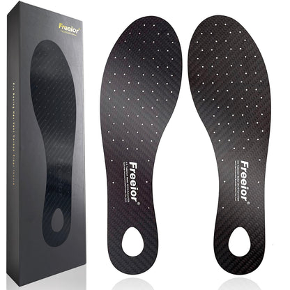 Top view of Freeior breathable carbon fiber performance insoles. Featuring an advanced hex-grid design for maximum airflow and explosive energy return in athletic shoes.