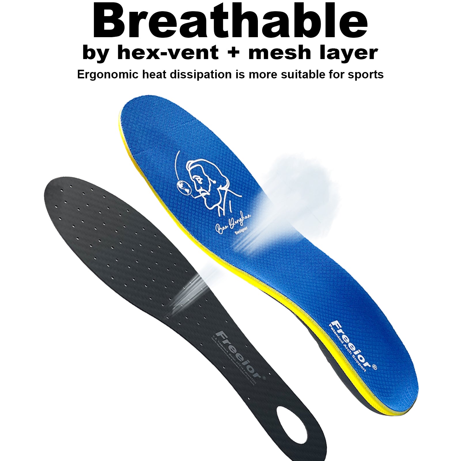 Top surface of Freeior sports insoles highlighting breathable BK mesh and air vent technology. Wicks sweat 3x faster to keep feet dry and blister-free, with anti-slip fabric for all-day comfort.