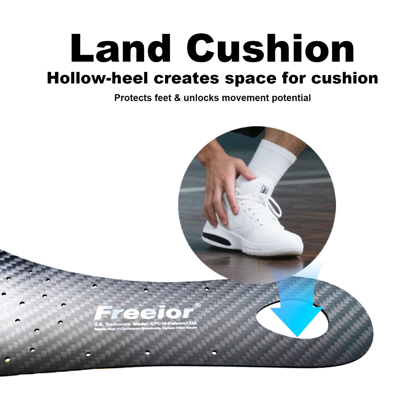 Freeior breathable carbon fiber insole placed under a supportive orthotic insert. The ultimate combination for impressive shock absorption during hard landings and heavy impact.
