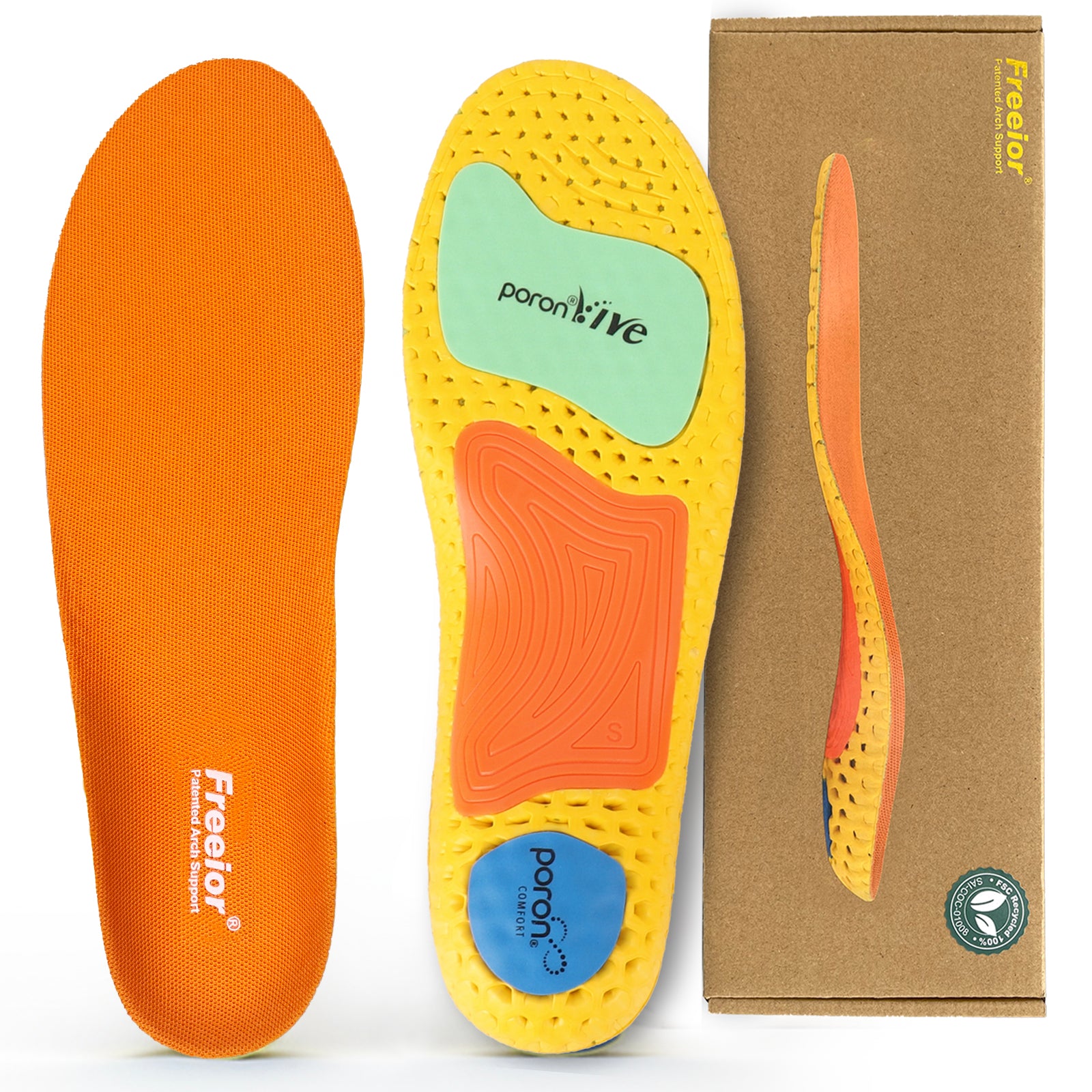 Top view of Freeior ultralight and breathable sports performance insoles. High-response orthotic inserts engineered for explosive propulsion and lateral cuts.