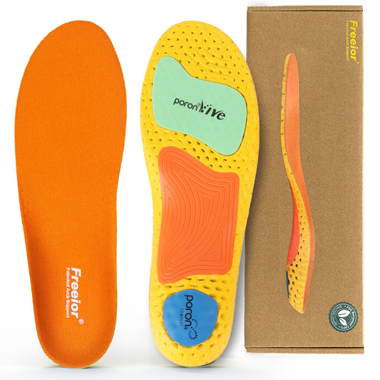 Top view of Freeior ultralight and breathable sports performance insoles. High-response orthotic inserts engineered for explosive propulsion and lateral cuts.