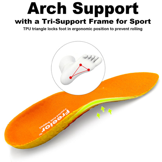Close-up of the high-tensile Nylon Arch Shell and U-shaped heel cup on Freeior sports inserts. Built for stability to provide rigid torsion control during heavy impacts.
